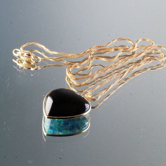 Massive 14k Gold Opal Triplet Onyx Heart Valentine Necklace - Picture 12 of 15